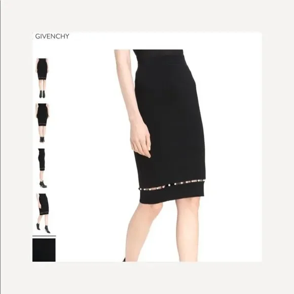Givenchy Black Midi Slip Skirt Pearl Insert Black Wool Blend Skirt New Size XS - Picture 1 of 8